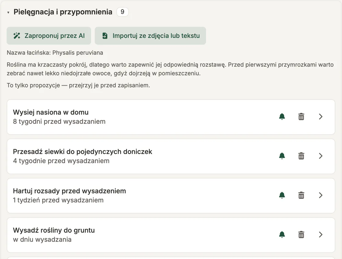 Nowa roślina, miechunka peruwiańska, z przypomnieniami zaproponowanymi przez AI: wysiew, pikowanie, wysadzenie i nawożenie