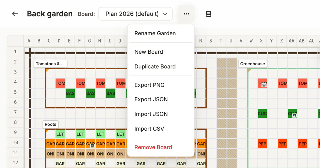 The board menu: new and duplicate board, PNG and JSON export, JSON and CSV import