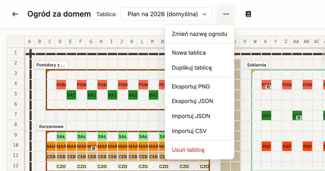 Menu tablicy: nowa tablica i duplikat, eksport do PNG i JSON, import z JSON i CSV