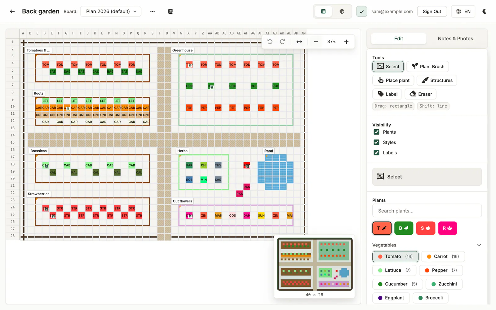 Pomona's editor on a computer: an 8 by 5.6 meter garden with four raised beds, a greenhouse, a herb bed, a flower bed and a pond, each plant a colored cell