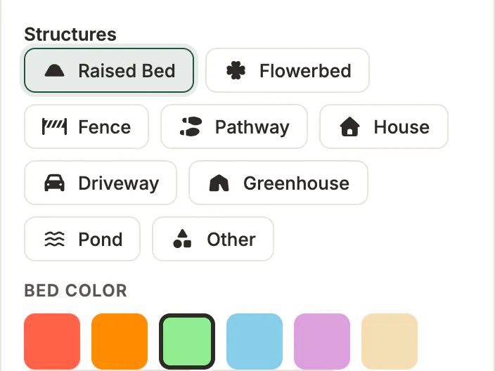 The Structures tool in the editor: raised bed, flowerbed, fence, pathway, house, driveway, greenhouse and pond, and colors for the beds