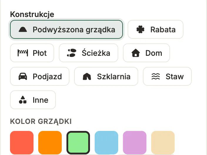 Narzędzie Konstrukcje w edytorze: podwyższona grządka, rabata, płot, ścieżka, dom, podjazd, szklarnia i staw oraz kolory grządek